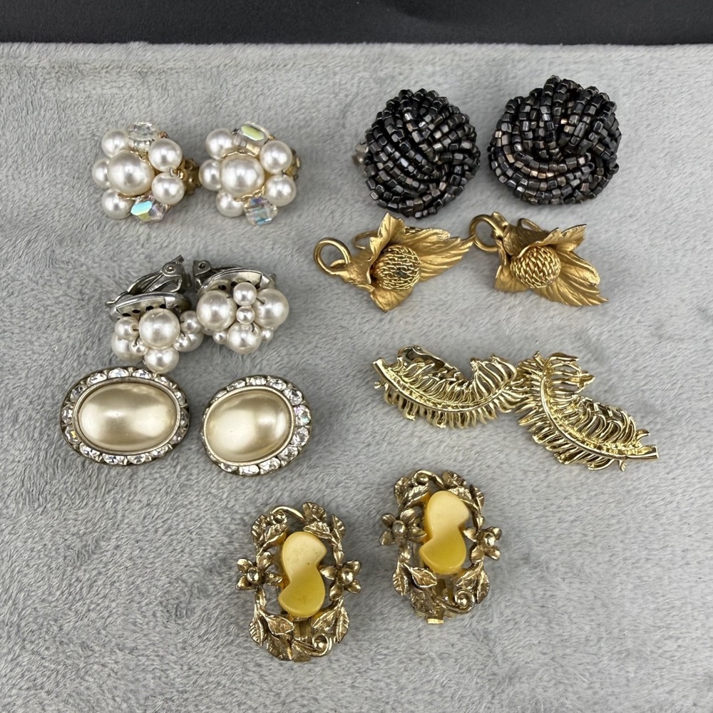 Vintage Clip On Earrings Rhinestone Faux Pearl Leaf 1 Signed Alice Caviness